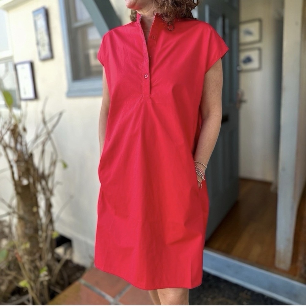 Caryn Lawn Seaside Dress One Size Red Cotton Poplin Pockets NWT